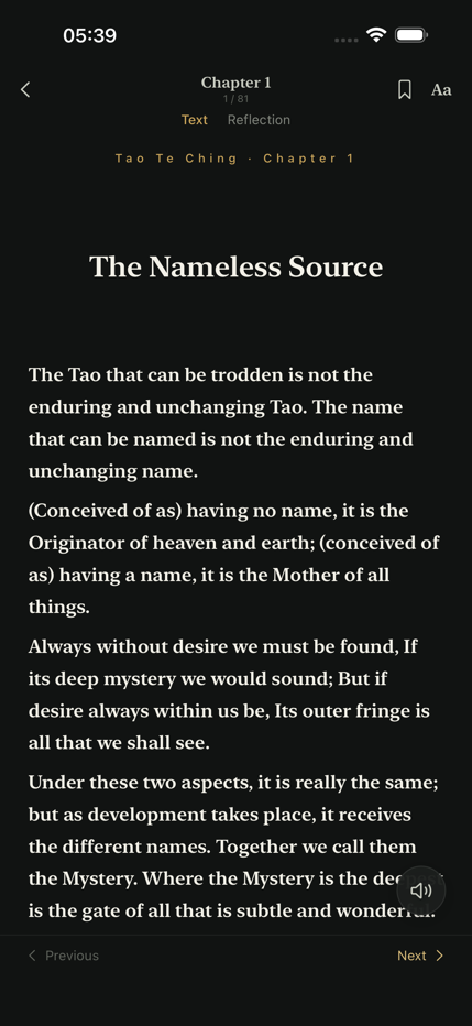 Chang Dao displaying an English Tao Te Ching chapter on a phone