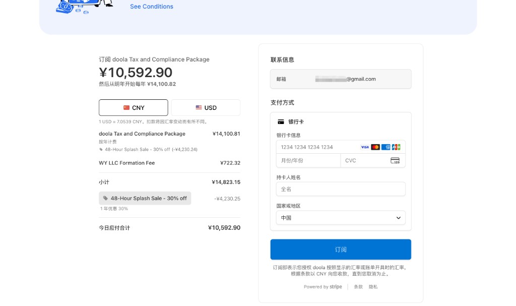 Stripe 结账页：Visa / Master 国际卡支付